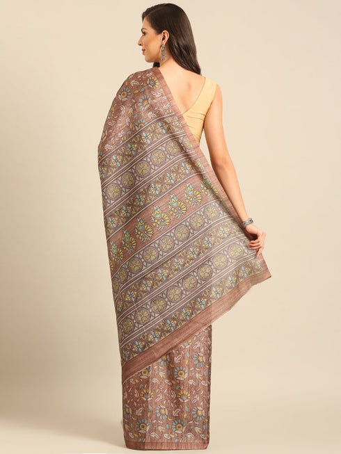 Women Brown Cotton Saree With Un Stitched Blouse